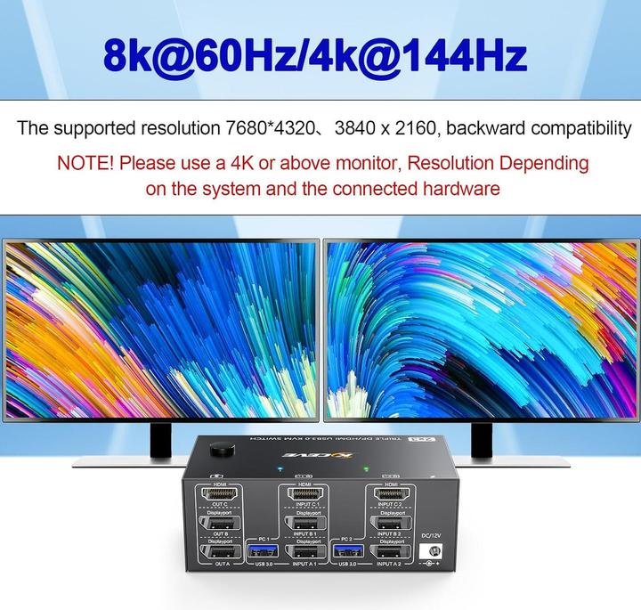 Produktbild Kceve KVM Switch für 2 PCs und 3 Monitore 4K/8K