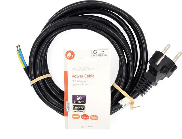 Actual product image Nedis Power cable | safety plug | open | straight | straight | nickel-plated | 3.00 m | round | PVC (3 m)