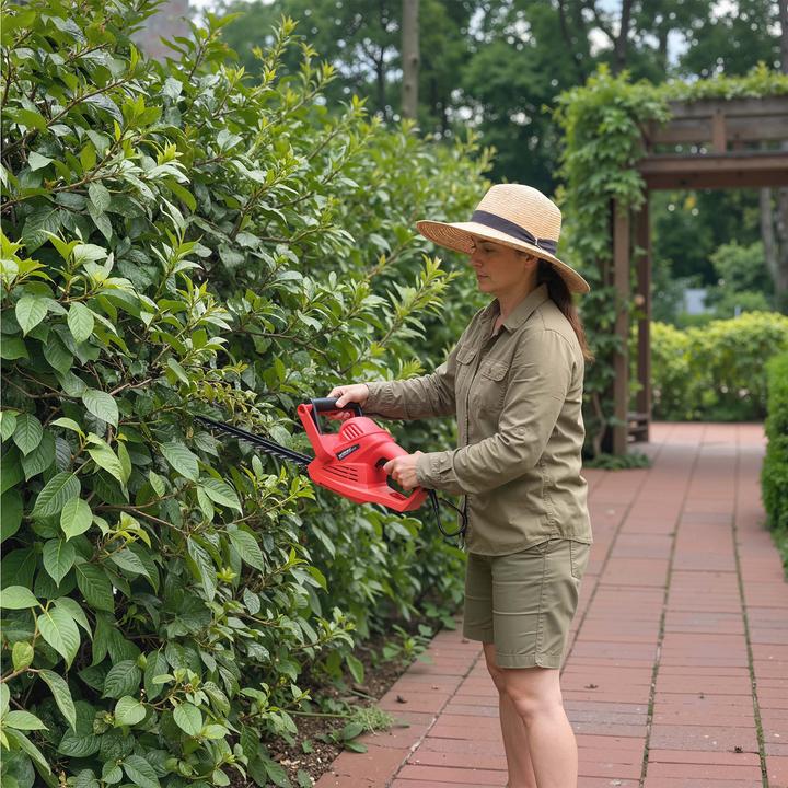 Actual product image Wiltec XPOtool Electric Hedge Trimmer 520W with 450mm Cutting Length, Quick-stop Brake, and Hand Protection (Electrical connection)