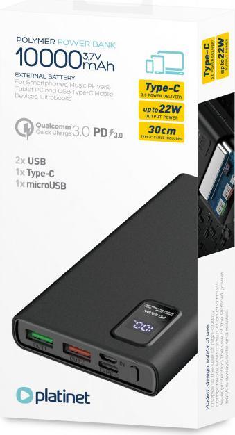 Actual product image Platinet power supply unit 10000mAh PD QC LED, black (10000 mAh, 22.50 W, 37 Wh)