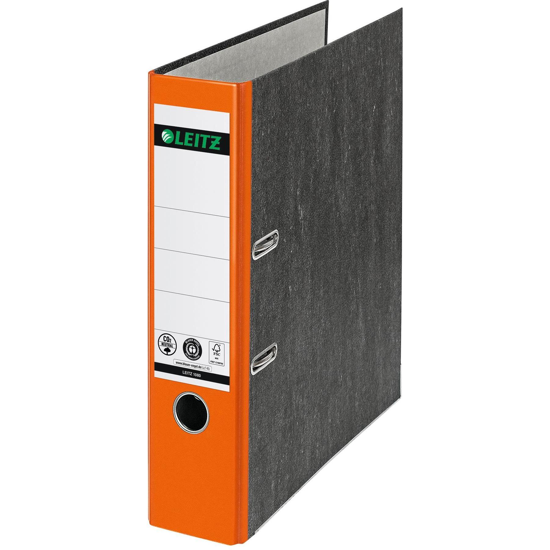 Leitz, Ordner, Wolkenmarmor-Ordner, 180 Grad, DIN A4, 80 mm, orange farbiger Rücken, Einband aus Pappe, aussen (A4, 80 m...