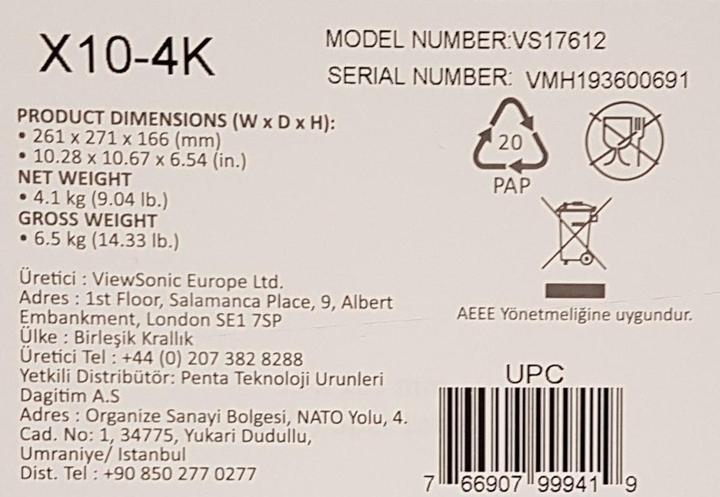 Actual product image Viewsonic X10-4K (4K, 2400 lm, 0.8:1)