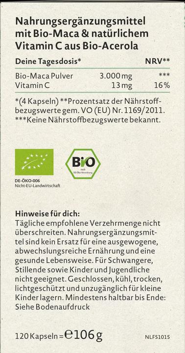 Nährwerte und Zutaten Nature Love Maca (120 Stück, Kapseln, 106 g)