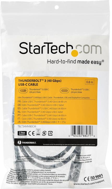 Immagine prodotto StarTech com Cavo Thunderbolt 3 a Thunderbolt 3 USB-C da 0,8m - 40Gbps, Maschio, Maschio, 0,8 m, Ner (0.80 m, USB 3.2)