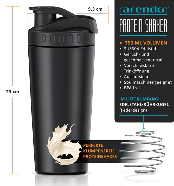 Actual product image Arendo Protein Shaker Edelstahl 750 ml, Eiweissshaker, verschliessbar, spülmaschinengeeignet, BPA-frei (0.75 l)