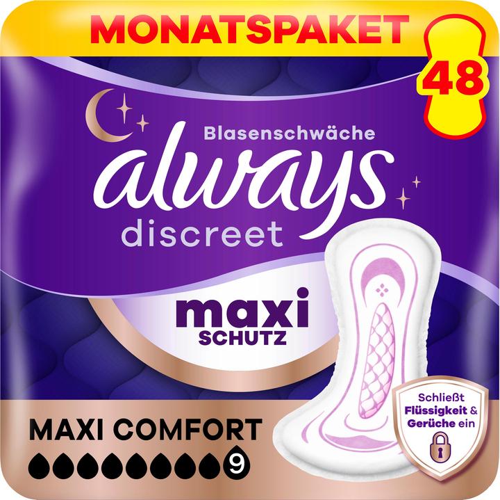 Always Discreet Inkontinenz-Einlagen Maxi Comfort Monatspaket bei Blasenschwäche, 48 Einlagen (4 Pac (48x)