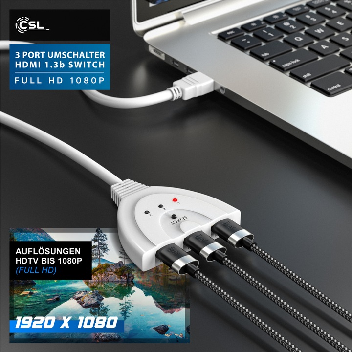 Actual product image CSL 3 port HDMI switch, Full HD, automatic switching / 3D / HDCP / CEC