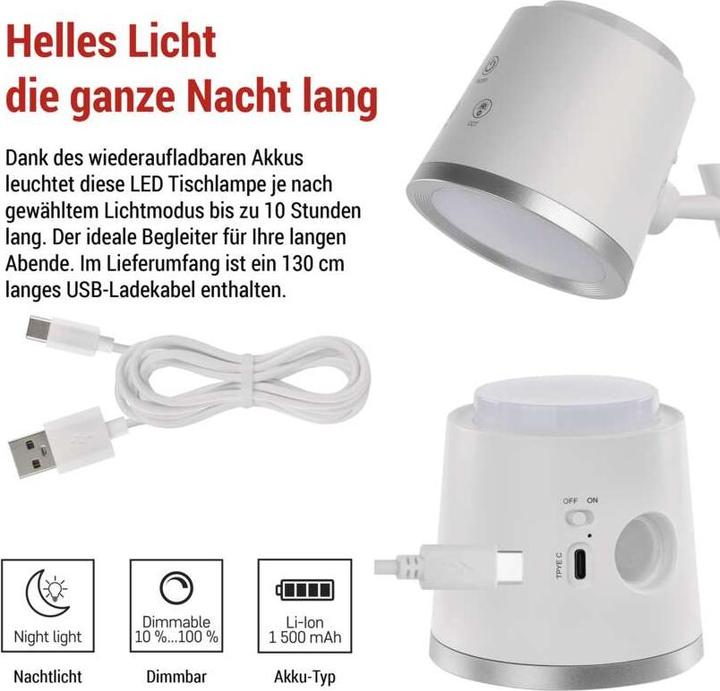 Produktbild Emos LED Schreibtischlampe ABBIE, wiederaufladbar, weiss (300 lm)