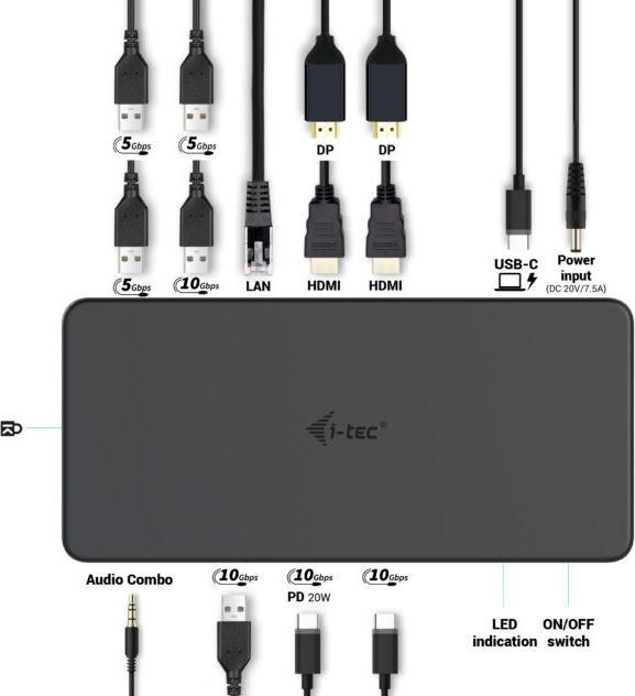 Produktbild i-tec Cadual4kdockpd2 (USB-C, Thunderbolt, 13 Ports)