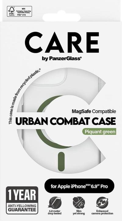 Actual product image PanzerGlass CARE by ® Flagship Case Transparent Urban Combat w. Green MagSafe iPhone '24 6.9" Pro (Apple iPhone 16 Pro Max)