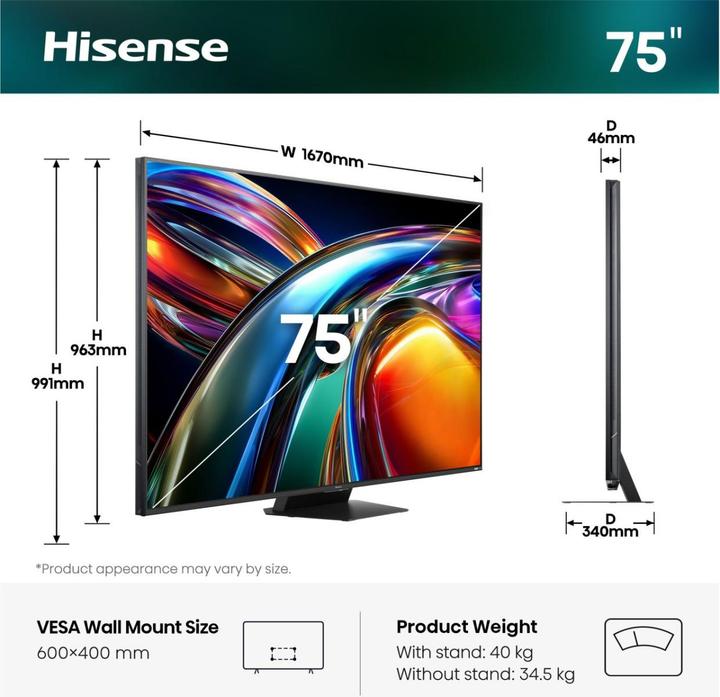 Produktbild Hisense TV 75UR9DS 75" RGB Mini LED 4K (75", QD-Mini-LED, 4K, 2026)