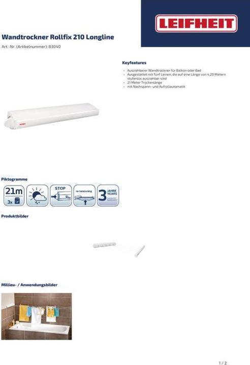 Produktbild Leifheit Wandtrockner Rollfix 210 Longline (21 m)