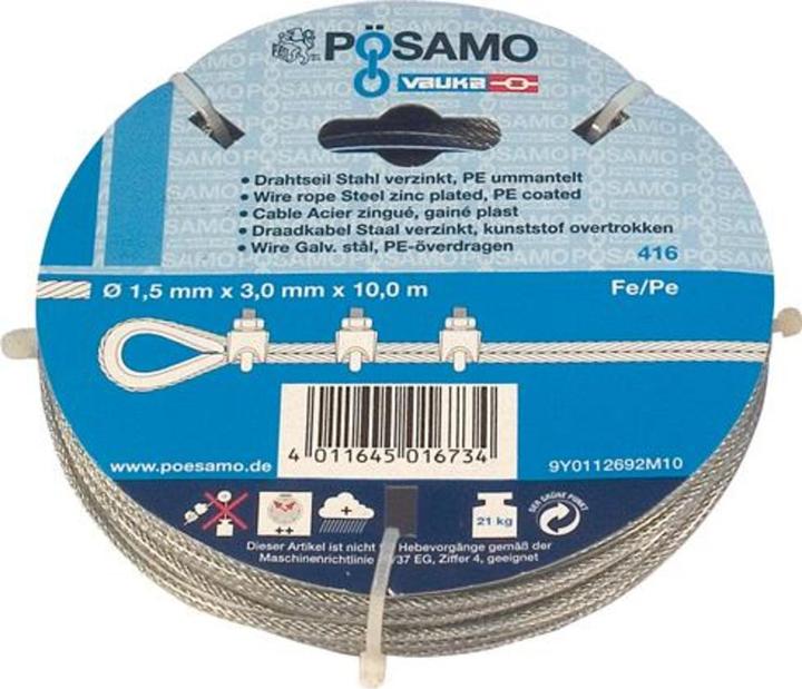 Produktbild Pösamo Drahtseil Psamo 1,5-3 mm, 10 m Stahl verzinkt plastifiziert, in Ringen (10 m)