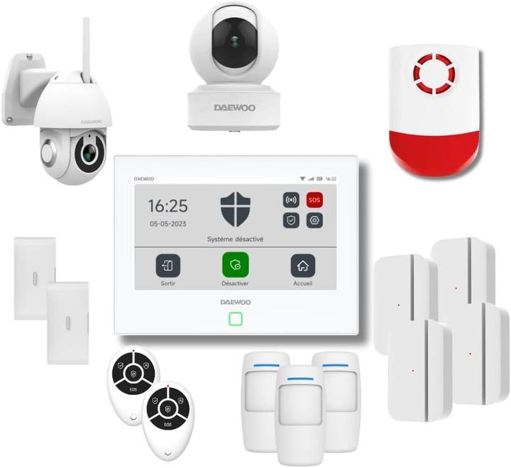 Daewoo WLAN/GSM-Alarmpaket mit Touchscreen-Zentrale, Kameras und Zubehör für umfassenden Hausschutz