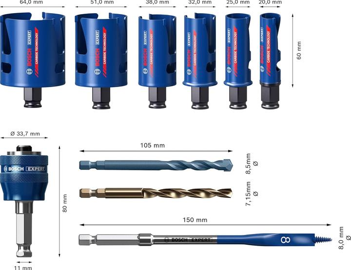 Actual product image Bosch Professional Zubehör EXPERT Construction Material -Power Change Plus hole saw, 20 25 32 38 51 64 x 60 mm, 10-piece (20 mm, 25 mm, 32 mm, 38 mm, 51 mm, 64 mm)
