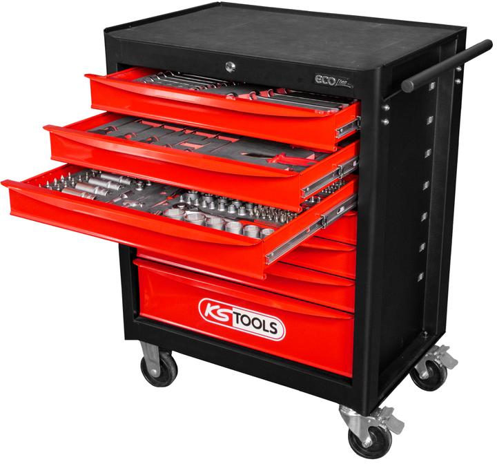 Produktbild KS Tools ECOline SCHWARZ/ROT Werkstattwagen mit 7 Schubladen und 215 Premium-Werkzeugen (215x)