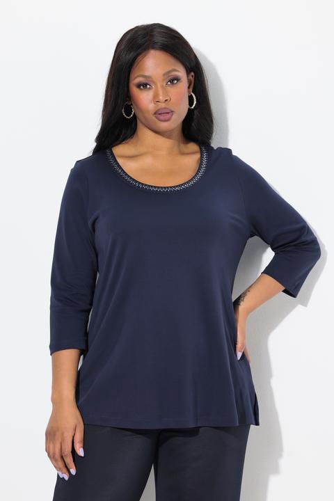 Actual product image Ulla Popken Rhinestone Collar 3/4 Sleeve Pima Cotton Tee (58)
