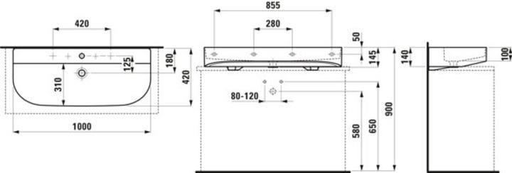 Actual product image Laufen Sonar countertop washbasin, 3 tap holes, with overflow, 1000x420mm, polished, H816347 (1052 mm, 190 mm)