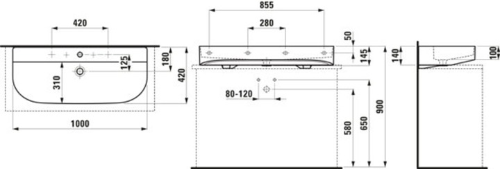 Actual product image Laufen Sonar countertop washbasin, 3 tap holes, with overflow, 1000x420mm, polished, H816347 (1052 mm, 190 mm)