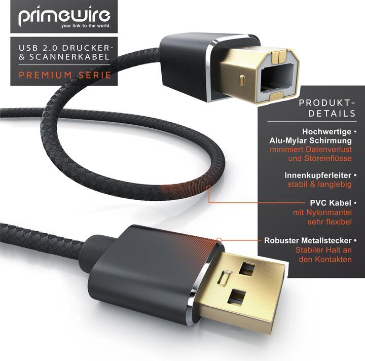 Image du produit Primewire Câble USB 2.0, câble d'imprimante type A vers connecteur type B, câble de scanner avec gaine en (1 m, USB 2.0)