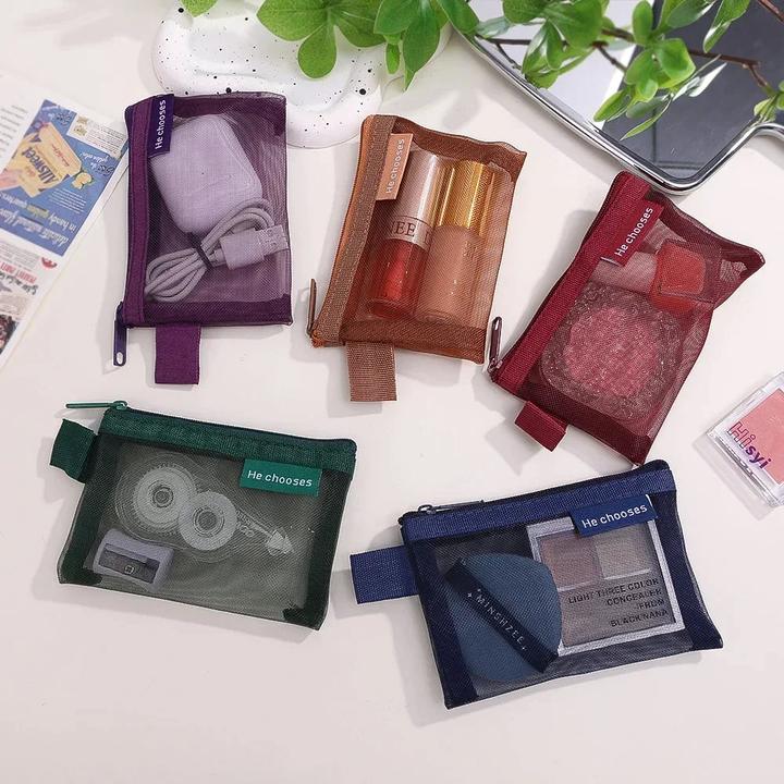 Actual product image Only-Bags.Store 5 Pcs Mini Mesh Storage Bags Multi-colour Portable Pencil Case Holder Coin Cosmetic Jewellery Travel