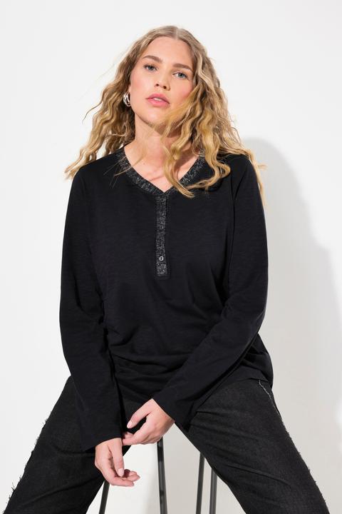 Immagine prodotto Ulla Popken Maglia con abbottonatura glitter, scollo a V e maniche lunghe (46, 48)