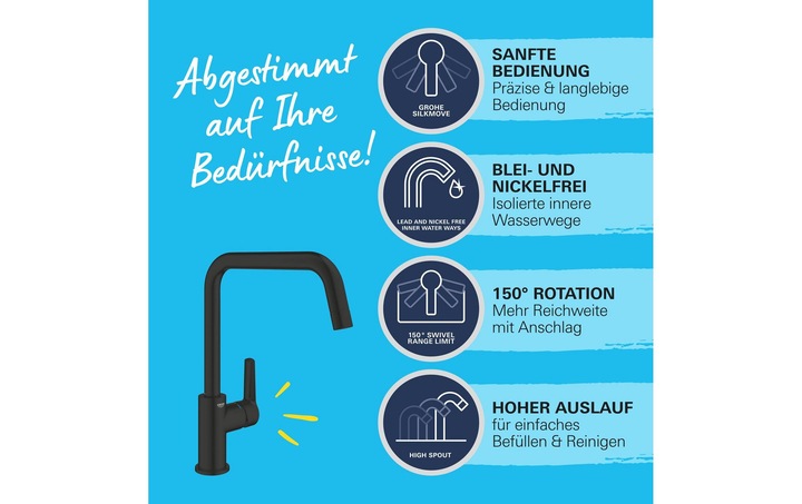 Actual product image Grohe Start QuickFix kitchen mixer, high spout, swivel, matt black