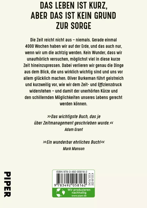 Immagine prodotto 4000 Wochen (Tedesco, Oliver Burkeman, 2022)