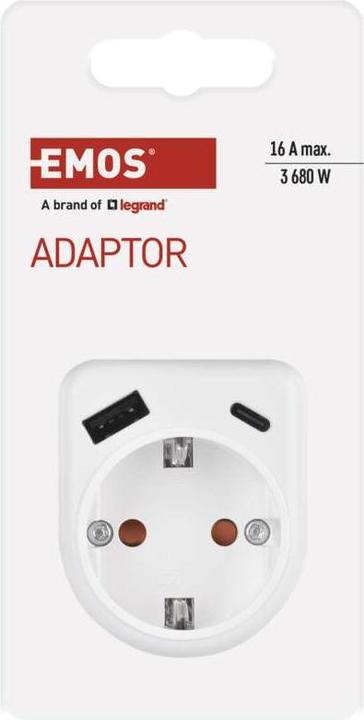 Productafbeelding Emos ADAPTOR 1×,1×USB-A+1×USB-C SCHUKO (CEE 7/3, 1x)