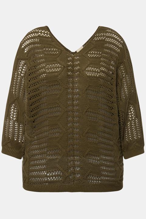 Produktbild Ulla Popken Pullover, Ajourmuster, V-Ausschnitt, 3/4-Arm (50, 52)