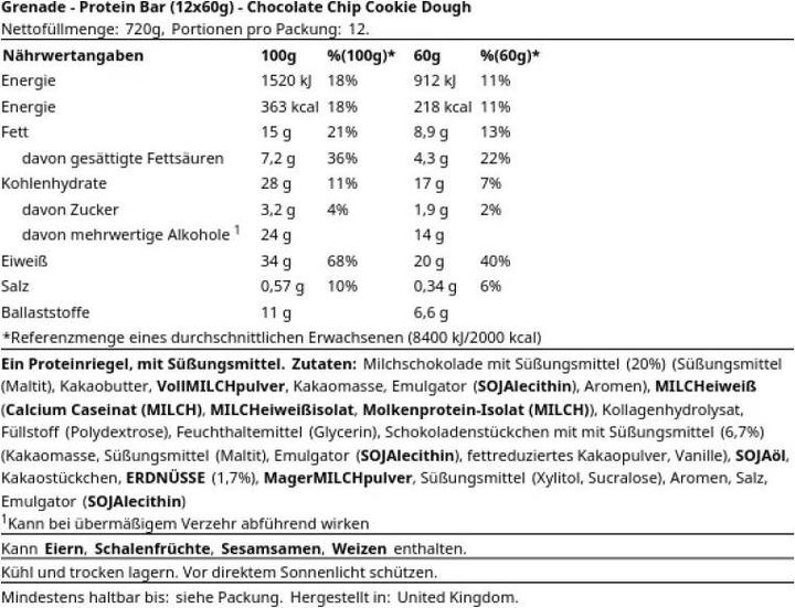 Valeurs nutritives et ingrédients Grenade Carb Killa (12 pcs, 720 g)