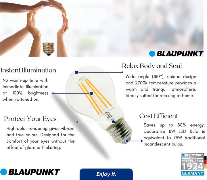Produktbild Blaupunkt Vintage Filament LED Glühbirne A60 E27 - 8W - Warmweiss - Dekorativ - Retro - Einzeln (E27, 8 W, 1055 lm, 1 x, E)