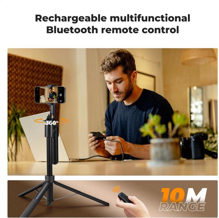 Actual product image K&F Concept MS-51 1.8M Selfie Stick With Rechargeable Bluetooth Remote Control, 1/4 Screw, 2pcs Ring