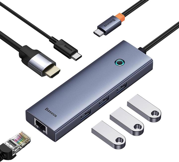 Actual product image Baseus Hub 6w1 UltraJoy 6-Port ( USB-C to 1xHDMI4K@30Hz + 3xUSB 3.0 + 1xPD +RJ45) (USB-C, 6 ports)