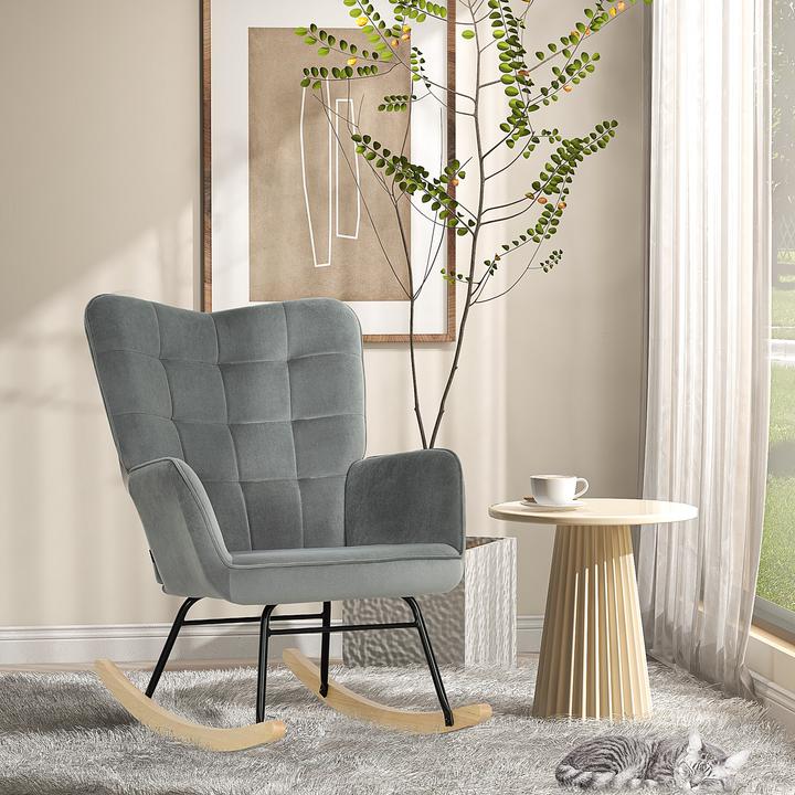 Produktbild Homcom Schaukelstuhl Samt (100% Polyester), Buchenholz Dunkelgrau