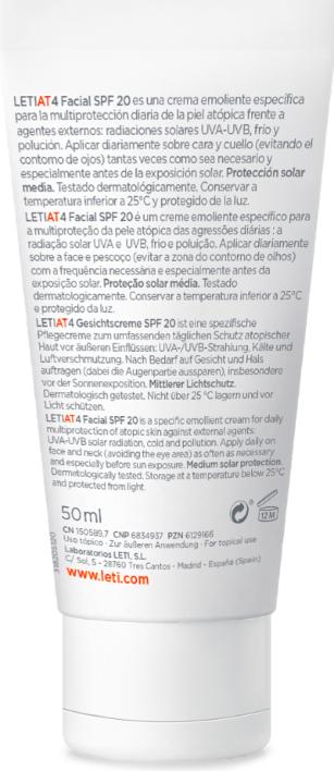 Produktbild Leti AT4 Atopic Skin SPF 20 Gesichtscreme mit mittlerem Sonnenschutz, 50 ml Creme (Reinigungsmilch, 50 ml)