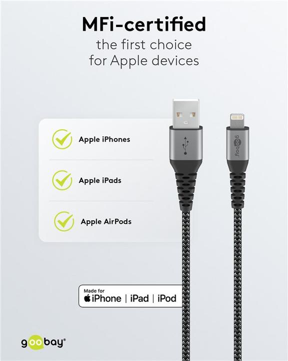 Productafbeelding Goobay Lightning naar USB-A textiel kabel met metalen stekkers (space grijs/zilver) 1 m, zwart-grijs (1 m, USB 2.0)