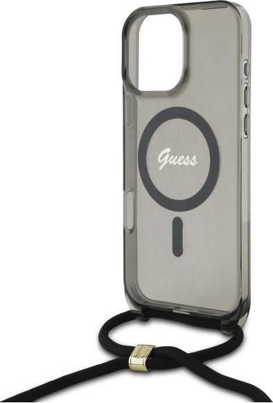 Actual product image Guess GUHMP16LHCTSGNSK iPhone 16 Pro 6.3" czarny/black hardcase Crossbody Cord Script MagSafe