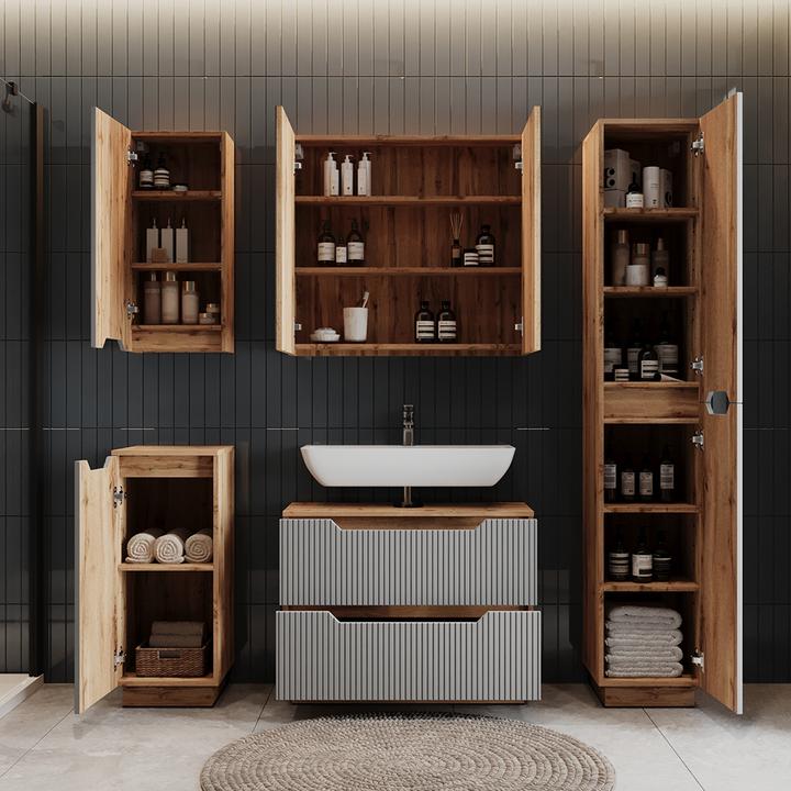 Actual product image Vicco Waschbeckenunterschrank Lotta, Eiche/grau gestreift, 79.6 x 62.5 cm mit 2 Schubladen (79.60 x 32 x 62.50 cm)