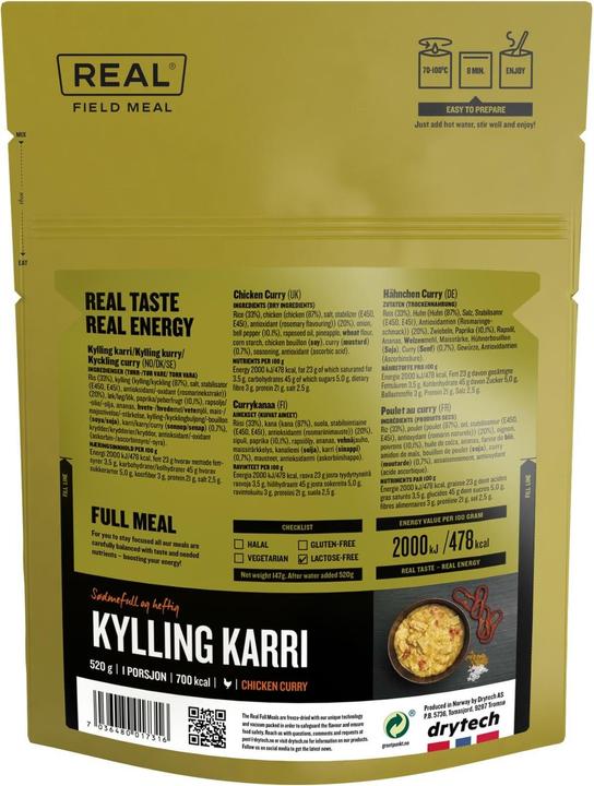 Valeurs nutritives et ingrédients REAL Field Meal Poulet au curry (147 g)