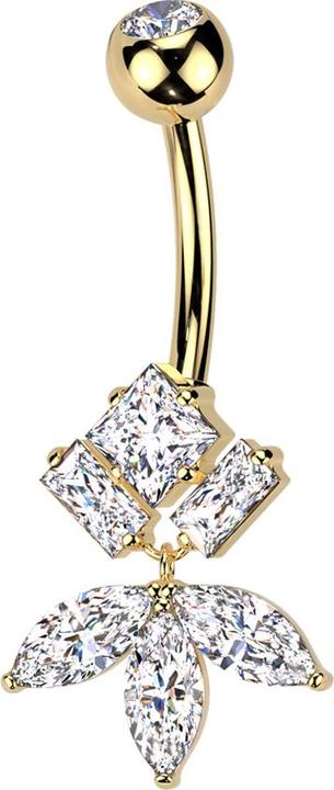 Actual product image Star Piercing Banane vergoldet mit Kugel Kristall silber und drei eckige Kristalle Anhänger Blatt Kristalle silber (Brass, Titanium)