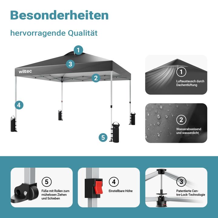 Produktbild Wiltec Pop up Pavillon 3x3m grau Räder Gartenpavillon Faltpavillon Camping Party (300 cm, 300 cm)