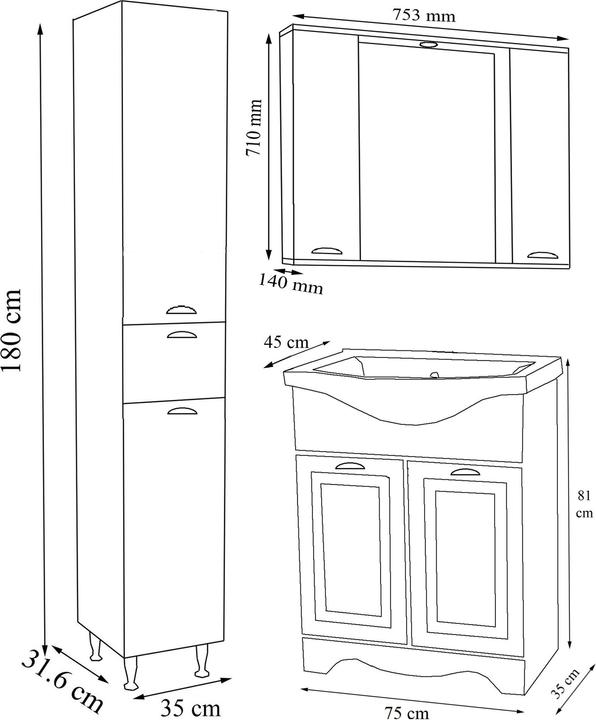 Immagine prodotto VCM Lavabo 4 pezzi Larghezza lavabo 75 cm Set di mobili da bagno Lavabo Armadio a specchio Armadio alto