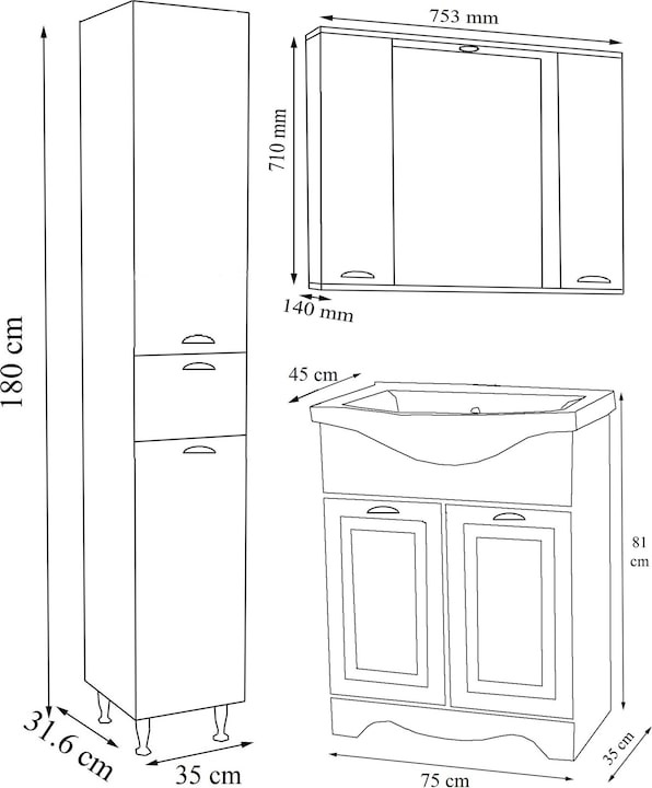 Produktbild VCM 4-tlg. Waschplatz Waschtisch Breite 75 cm Badmöbel Set Waschbecken Spiegelschrank Hochschrank