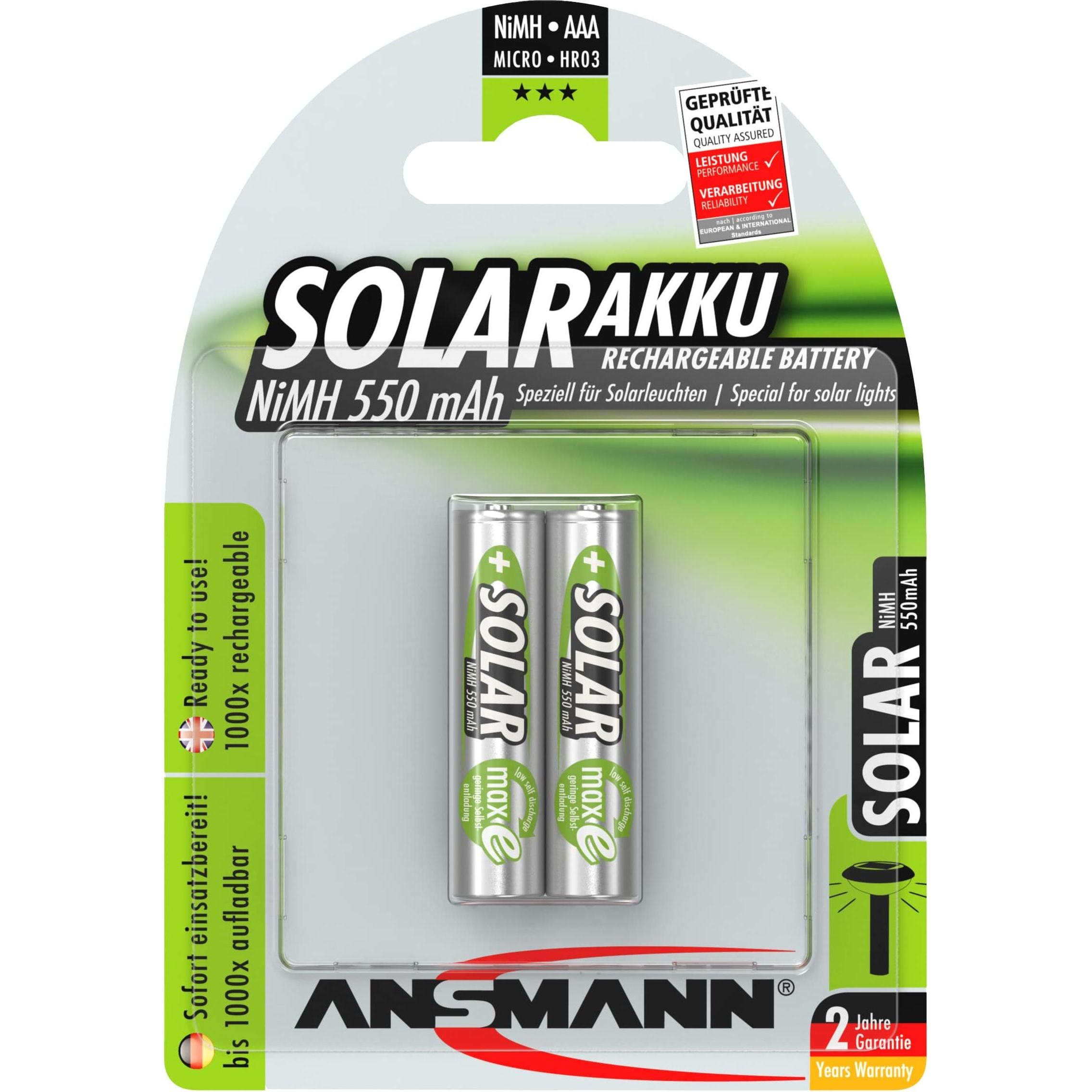 Ansmann NiMH HR03 Sol (2 Stk., AAA, 550 mAh, Akku), Akku Ladegerät