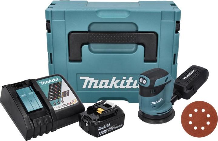 Actual product image Makita DBO 180 RT1J Battery-powered random orbital sander 18 V 125 mm + 1x battery 5.0 Ah + charger + 50x (Eccentric grinder)