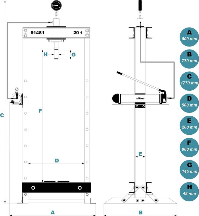 Produktbild Wiltec 20T Profi Werkstattpresse 90-1035mm Hydraulikpresse Lagerpresse Manometer
