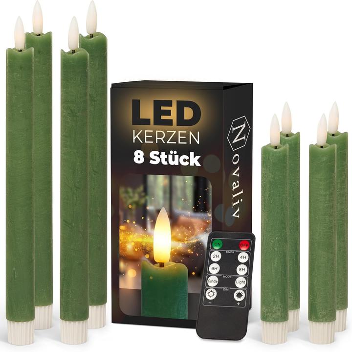 Produktbild Novaliv Sparset Stabkerzen LED mit Timer Klein+Gross Grün 8 Stück Grün indoor - 6 Stunden - ECHTWACHS (8x)