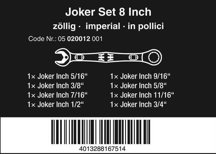 Valeurs nutritives et ingrédients Wera 6000 Joker 8 Imperial Set 1 (5/16")