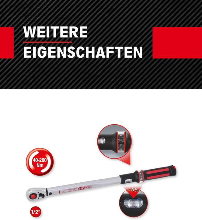 Produktbild KS Tools 1/2 ERGOTORQUE40-200 Rot, Ratschen-Drehmomentschl. (1/2", 40 - 200 Nm)
